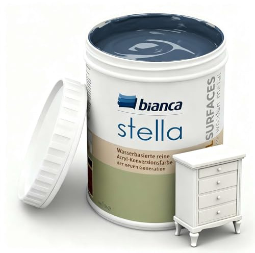 Bianca Stella Möbelfarbe Ohne Schleifen - Wasserbasierter Parfümierter Möbellack für Holz, Küchenschrank, Tisch, Stuhl - Marineblau, Glänzend, Holzfarbe Innen & Außen, Hochdeckend, Kratzfest, 1L
