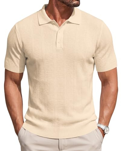 Focixfor Mens Polo Shirts Short Sleeve Knitted Ribbed Stretch Casual Vacation Golf T-Shirts