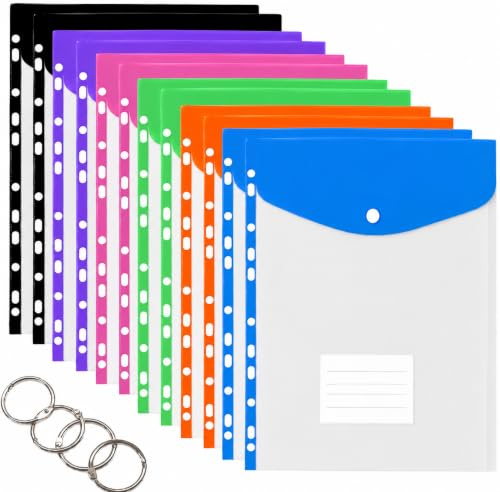 Lot de 12 Porte-documents A4, Extensibles, 6 Couleurs, Porte-documents, étanches, avec 11 Trous, pour Dossiers à 2/3/4 Anneaux, avec Bouton Pression et étiquettes, pour Bureau, école et Maison (B)