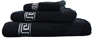 Arle-Living Luxus Medusa Handtuch Badetuch 100x150 cm - Schwarz mit silberner Bordüre - feinste Baumwolle/Hochflor Frottee mit Medusa Flachprägung und silberner Medusa Bordüre