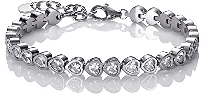 namana Pulsera de Tenis de Acero para Mujer. Pulsera de Acero Inoxidable con Cristales de Swarovski en Forma de Corazón. Pulsera Color Plata con Caja de Regalo