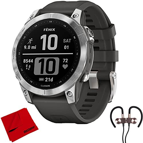 Garmin Smartwatch Fenix 7 010-02540-00, argento con cinturino in grafite, modello partner ufficiale USA, con auricolari sportivi wireless magnetici Deco Gear + panno di pulizia in microfibra Deco Gear