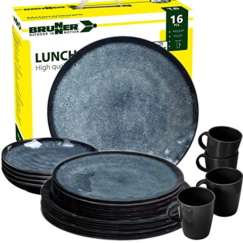 BRUNNER Camping-Geschirr-Set Melamin 2-4 Personen | 16-Teilig - Teller, Schüsseln & Becher | Lunch Box VENETIAN - Für Wohnmobil, Wohnwagen & Boot - Bruchfest, Leicht & Anti-slip