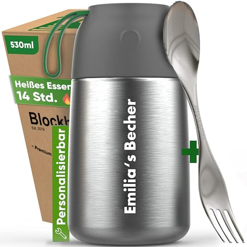 Termobehållare med block 530 ml I Personliga presenter till män, kvinnor med sked, müsli lunchlåda, yoghurtkopp att gå för gröt, födelsedagspresent, termosmugg med lock