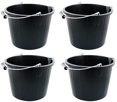 JMS we create smile (𝐒𝐞𝐭 𝐨𝐟 𝟒) 14 Litre Plastic Builders Buckets, 3 Gallon Water Storage, Cement Mixing Bucket with Strong Metal Handle - Buckets For Home Garden (Black)