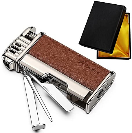 Accendino for pipa multifunzionale in metallo 4 in 1 Accendino a butano da uomo con fiamma morbida ricaricabile antivento con 3 strumenti for la pulizia dei tubi Regalo di compleanno for uomo unico (