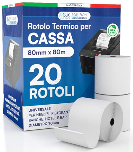 Rotoli Termici per Registratori di Cassa - 20 Rotolini di Carta Termica Omologata 80mm x 80m Universale di Alta Qualità con Diametro 70mm Senza BPA - Compatibili con Nexi Axerve Ingenico