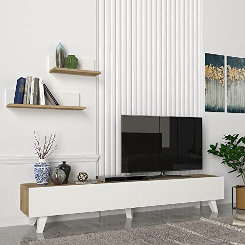 [en.casa] Ensemble Meuble TV avec 2 Étagères Murales Support Télé à 2 Portes Rabattables avec Espace de Rangement pour Salon Panneau de Particules 180 x 31 x 33 cm Effet Chêne Blanc