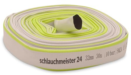 Ø 1 1/4 tum - 32 mm, 30 m flat slang | Byggslang | Industrislang | Syntetiskt gummi, vit med grönt, 10 bar, -20°C till +60°C