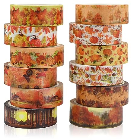 12 Rolls Thanksgiving Washi Tape Set Fall Masking Tape Pumpkin Maple Leaves Multi-Pattern Decorative Washi Tape Orange Japanese Self Adhesive Paper Sticker Aesthetic Pastel Tape for DIY Scrapbooks