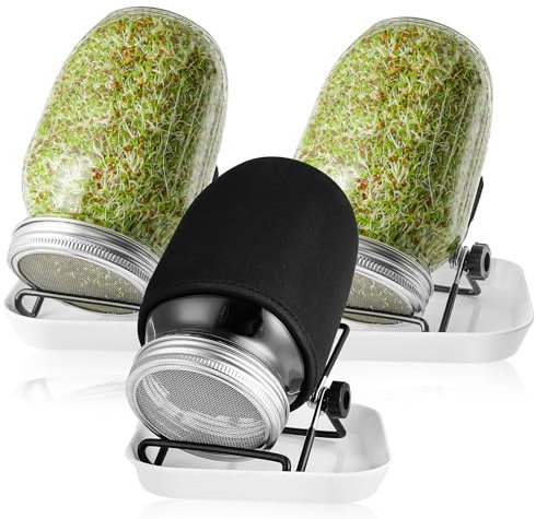 Jokisa Sprossenglas 3er Set, 1000ml Keimglas für Sprossen mit Deckeln und Haltern Verdunklungshüllen und Schalen, Sprossengläser für die Sprossenzucht und Keimung von Samen