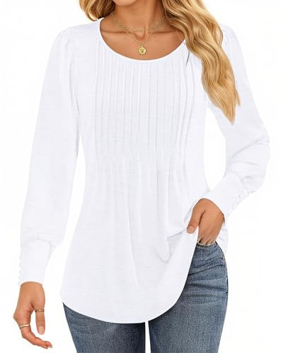 WNEEDU Chemisier Femme Elégant Manches Longues Tunique Plissée Col Rond Blouse(Blanc,S)