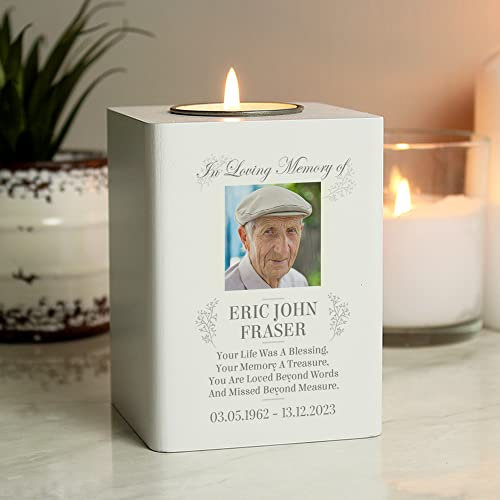 Custom Personalised Memorial Photo Upload White Wooden Tea light Holder. For Memorials