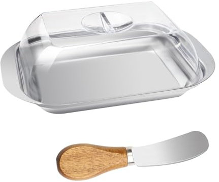 TAIHOBO Butterdose Edelstahl, Butterdosen 17,8×11,5×5,5cm, Butter Dish mit Deckel Transparente und Buttermesser, Butterdose Klein für die Aufbewahrung von Käse Früchten Kalten Gerichten Kuchen