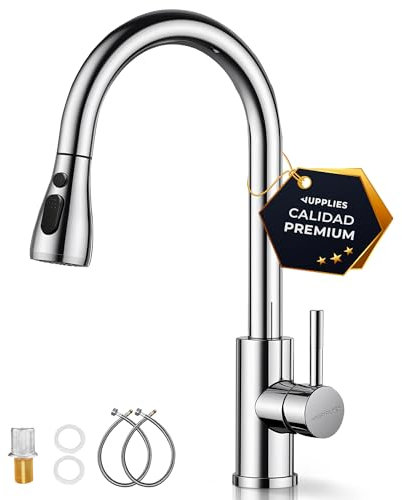 JUPPLIES Grifo Cocina Extraíble – Acero Inoxidable, Giratorio 360°, 3 Modos de Agua, Grifo Fregadero Cocina con Rociador Extraíble, Fácil Instalación, Grifos Cocina Fregadero Modernos