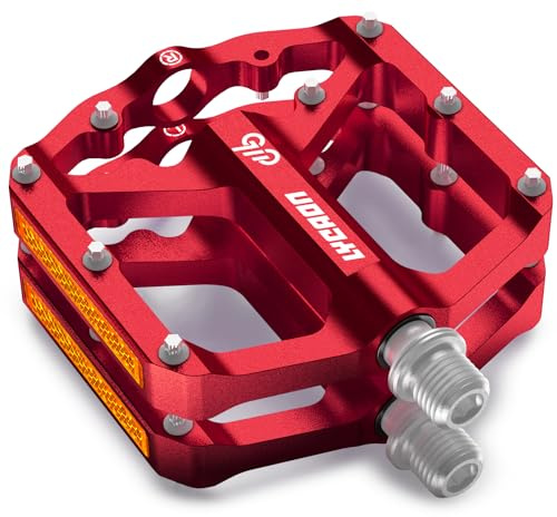 LYCAON Pédales de vélo - Pédales de vélo de Route/VTT - 3 roulements CNC en Alliage d'aluminium - Antidérapantes - Broche CR-MO - 9/16 Pédales Plates antidérapantes (Rouge)