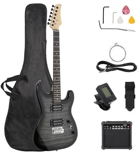 LALAHO Solid Body Electric Guitar, 39 Inch H-H Pickups Electric Guitar Kit with 20W Guitar Amplifier, Bag, Tuner for Beginners & Professionals, Black