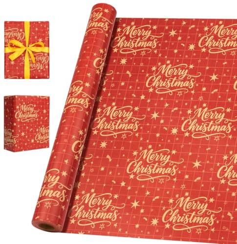 Rollo de papel de regalo rojo de 15 m, 43 cm, papel kraft reciclable con la frase Feliz Navidad y una estrella para Navidad, cumpleaños, baby shower y decoración de fiestas