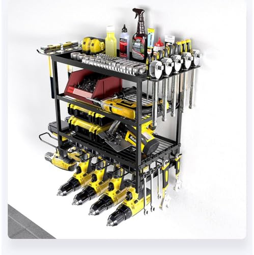 Supporto da parete per utensili elettrici, organizer da parete a 4 strati con supporti per trapano, cacciaviti e martelli, scaffale per attrezzi in ferro per garage, officina auto, 59,5 x 24,5 x 41,5