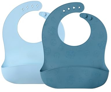 muchmellow – Set de 2 Baberos de Silicona Suave, Made in Italy, con Bolsillo Recogemigas, Impermeables, Antimanchas, Ajustables, sin Plástico (Azul Claro + Azul)