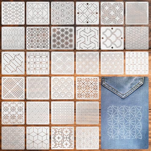 Sashiko - Juego de 30 plantillas de bordado para manualidades, plantillas de bordado de líneas geométricas, plantillas de acolchado para coser a mano, ropa de manualidades