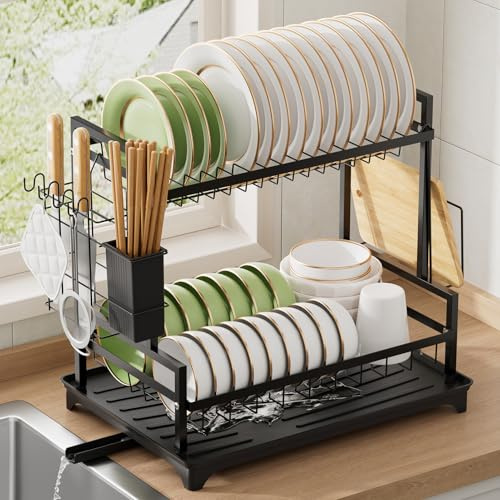 Warmiehomy 2 Tier Dish Drainer Rack, Stainless Steel Draining Board Rack with Chopping Board & Cutlery Holder, 360° Drain Spout, Black