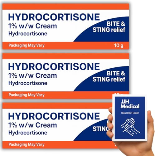 Hydrocortisone Cream 1% w/w Bite and Sting Cream, Mosquito and Bee Sting Treatment, Itchy Skin and Redness Solution, 3 x 10g Tubes - JJH Medical Bundle Including Skin Relief Guide- Packaging May Vary