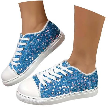 Nuqqichongtian Sneaker da donna con glitter – Sneaker da donna con plateau traspirante con lacci, comode e leggere con paillettes metalliche, con strass, scarpe da corsa all'aperto