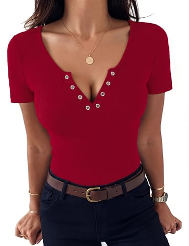Aottori T-Shirt Femme Manches Courtes Col en V Haut Côtelé Été Boutonné | Doux et léger, boutons au col, maille côtelée extensible, tenue ajustée, adapté au quotidien et aux sorties