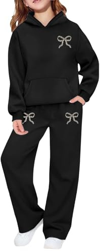 TYUSGH Girls Tracksuit Full Set Kids Bow Print Hoodie and Joggers Teen 2 Piece Outfits Sets Sweatshirt Jogging Bottoms Sweatpants Activewear Athletic Sweatsuit Clothes