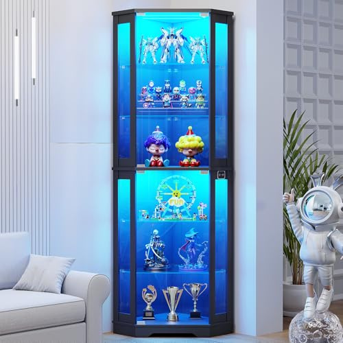 BROTTAR 71 Corner Display Cabinet with Glass Doors, 6 Tier Curio Cabinet with 3 LED Lights & Glass Shelves, Human Body Sensor, Showcase Display Case for Collectibles, Black