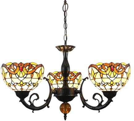 Lampadario in Vetro Colorato Tiffany, Plafoniera A 3 Teste da 8 Pollici Lampada A Sospensione in Stile Vintage Barocco Giallo per Sala da Pranzo Soggiorno Ristorante Corridoio