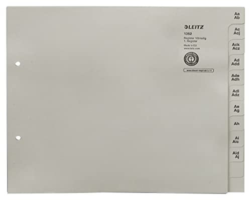 Leitz Register, Trennblätter mit Taben und alphabetischem Aufdruck A-Z für 100 Ordner, Halbe Höhe und Überbreite, Grau, 100% recyceltes Papier, Blauer Engel Siegel, 13520085