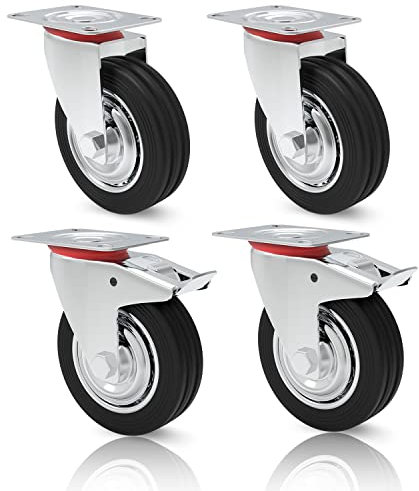 PRIOstahl Schwerlastrollen Set 4 x 100mm Transportrollen mit Bremse bis 280kg Vollgummi Lenkrollen Industrierollen für Werkstatt Werkbank Werkzeugwagen oder Transportroller Palettenmöbel