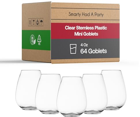 64 Pack 4 oz Disposable Stemless Wine Glasses - Fancy Plastic Cups for Weddings & Tastings - Classy Mini Wine Goblets for Toasts, Spritzers & Desserts - Clear Heavy Duty Tasting Glasses