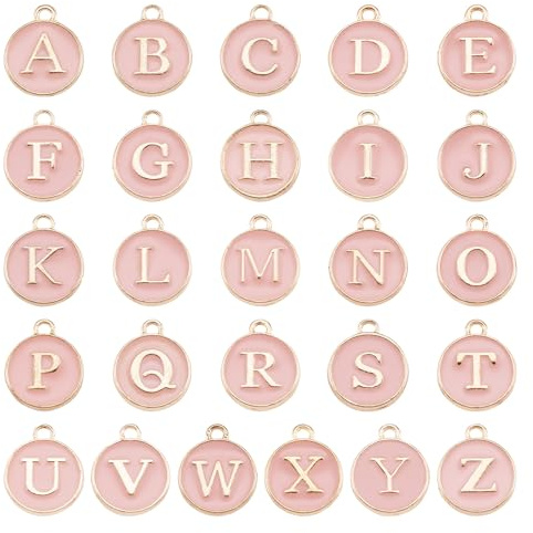 Craftdady 26 ciondoli smaltati con lettere dell'alfabeto dalla A alla Z, rosa, rotondi e piatti, con iniziali in lettere maiuscole, per la creazione di gioielli