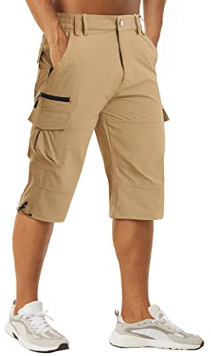 MAGCOMSEN Snabbtorkande arbetsshorts för män utomhus 3/4 capribyxor blixtlåsfickor vandring klättring shorts, Khaki, 44 SE
