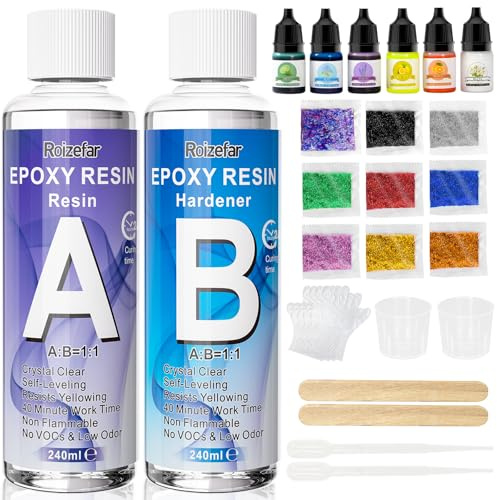 Roizefar Resina Epossidica Trasparente Kit 480ml, Rapporto 1:1 Starter Kit per Principianti Comprendente Resina e Di indurente, Pigmenti, Glitter, Resina per Creazioni Fai da te