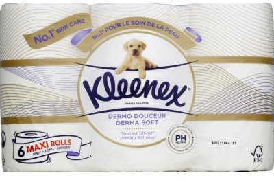 KLEENEX Dermo Douceur - Papier Toilette (4 paquets de 6 rouleaux) - triple épaisseur - 100% de fibres naturelles - sans parfum - ni colorant
