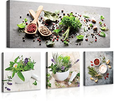WallArena - Leinwand Bilder - Küche Gewürz Kräuter Essen Esszimmer - 80x55 cm Leinwandbilder - Bild auf leinwand - Wandbild XXL groß Wandbilder für Wohnzimmer Schlafzimmer Wohnzimmerbilder Modern