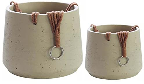 Copenhagen Keramik-Hängetopf, cremefarben, 2er-Set, inkl. Seil zum Aufhängen, Keramik-Zement-Hängepflanzgefäße für drinnen und draußen, strukturierter Effekt, große und mittelgroße Blumentöpfe