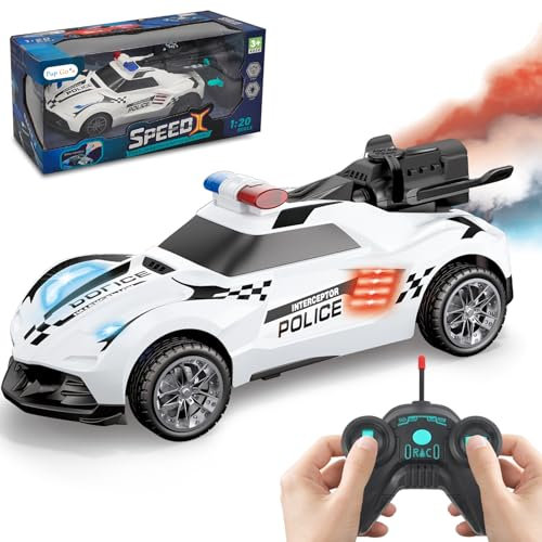 Pup Go Polizeiauto Ferngesteuertes Spielzeug mit Realistisch Schwanzspray und Licht für Kinder 3-12 Jahre, 1:20 RC Stunt Auto Robust Schnell Drift Aufladbar, Weihnachten Geschenke Jungen Mädchen