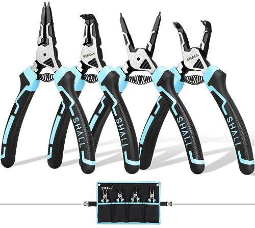 SHALL Sprengringzangen-Set, 4-teiliges robustes 7-Zoll-Sicherungsringzangen, Sicherungsringzange mit 5/64-Zoll-Spitze, umgekehrte Zange für Ringentferner-Halterung mit tragbarer Tasche