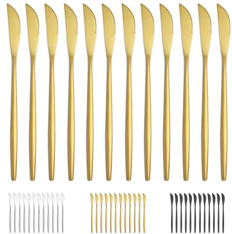 Bestdin Coltelli da tavola, Set di coltelli da tavola 12 pezzi (21 cm, 8,3 pollici), coltelli da posate in acciaio inox nero opaco, coltello da dessert per uso domestico, lavabile in lavastoviglie