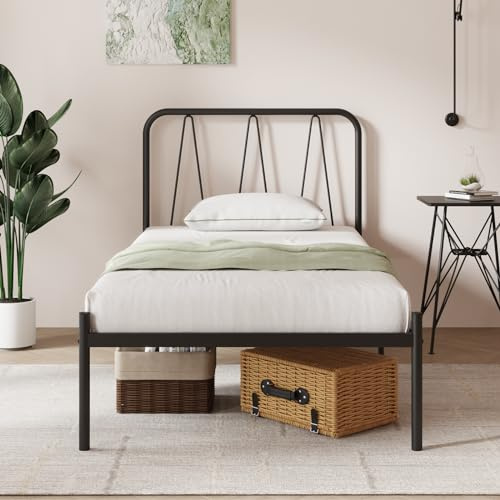 Novilla Bettrahmen 90 x 200 cm, Bettgestell mit Lattenrost aus Metall , Kopfteil mit Wellenmuster im modernen Stil,Modern Gästebett, Schwarz