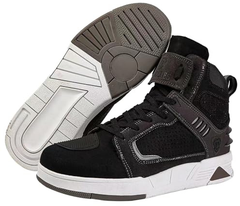 Bofucn Motorcycle Leather Boots,Street Riding Shoes,Anti-Slip Side Zipper Shoes for Men and Women (Black/Grey, Adult, 12.5 Men/14.5 Women)