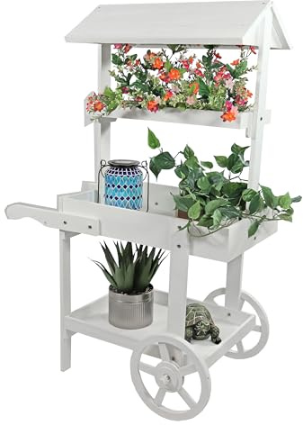 Sunnydaze Flower Cart Display Stand with Wheels - Dessert Candy Cart - Market Flower Display Stand - 2 Shelves - Fir Wood - White