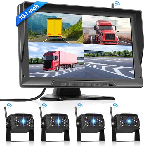 Hodozzy Trådlös digital backningskamera, 4 kameror kit 10,1 tum IPS-skärm delad skärm med inspelning mörkerseende bakre kamera bil lastbil/släpvagn/husbil