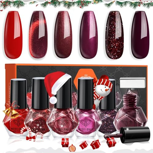 Modelones Christmas Nail Polish Set 6 Colors, Red Cat Eye Burgundy Glitter Dark Red Nail Polish Quick Dry Mini Nail Varnish Kit Magnetic Chrome Maroon Purple Cherry Winter Manicure for Women
