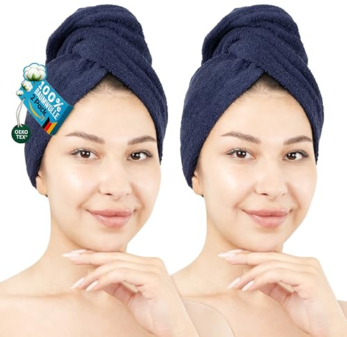 Hammetex Haartuch Damen 2er Set – Haarhandtuch aus 100% Baumwolle – Oeko-TEX Zertifiziert – Weich, Saugstark – Haarturban mit Knopf, Dunkelblau